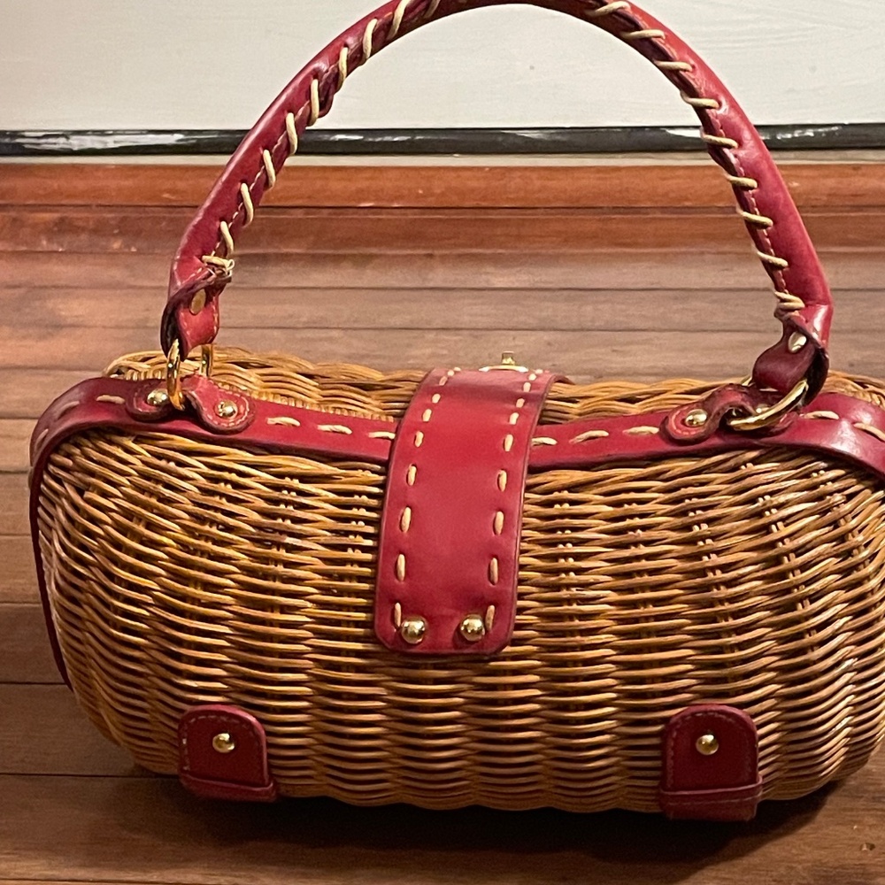 Wicker Mini Top-Handle Bag with Red Trim - Picture 3 of 8